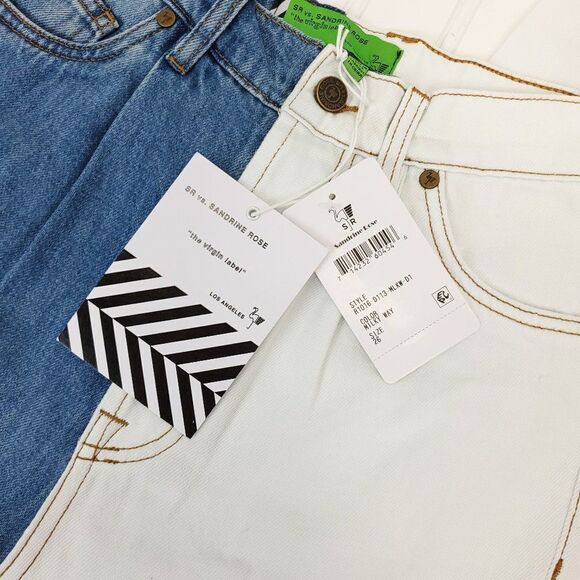 Free People x Sandrine Rose Wide Leg Color Block Retro Jeans in Milky Way - Picture 5 of 16